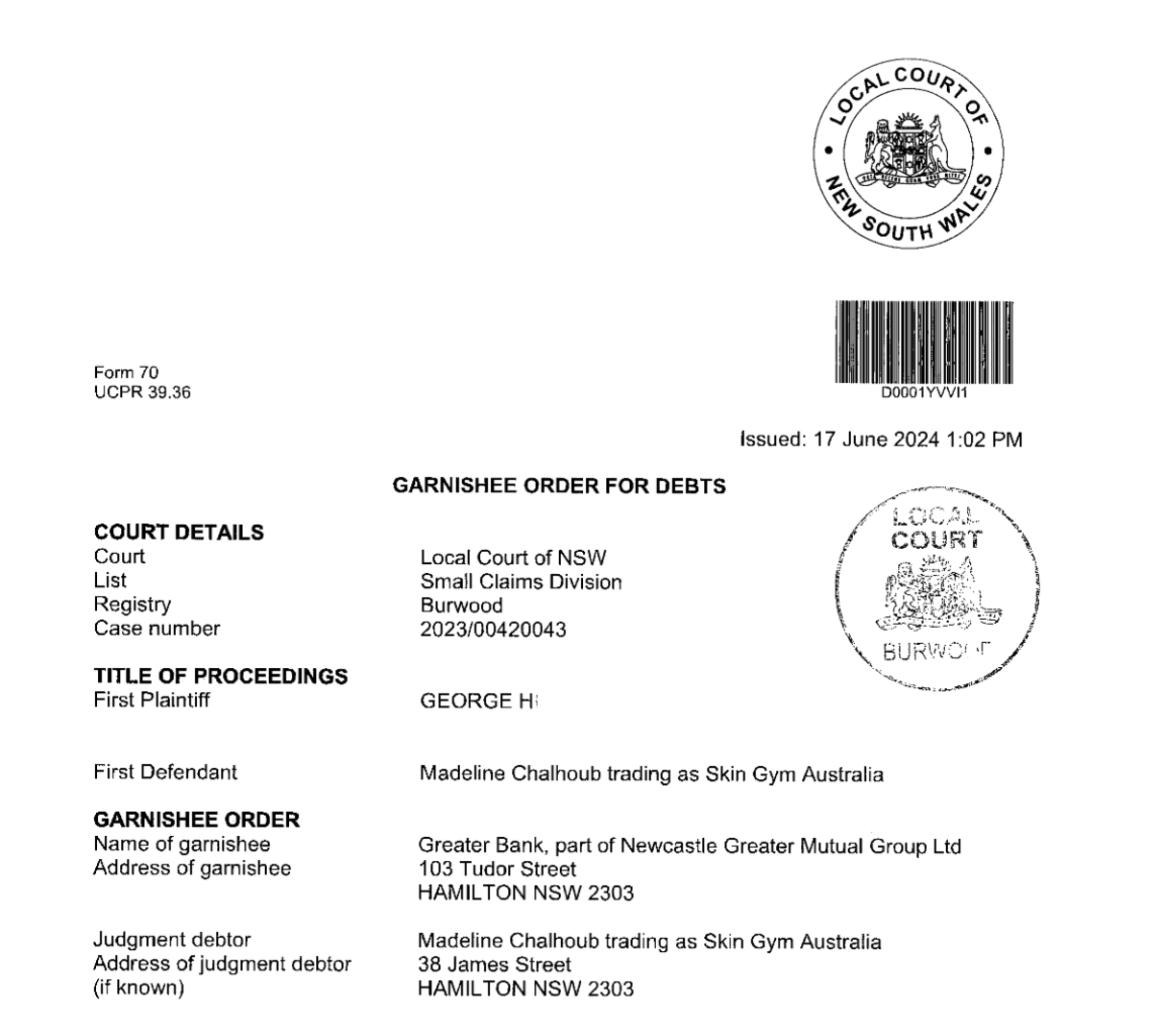 issued by the NSW Courts of Australia: Garnishee Order for Debts: Madeline Makhoury